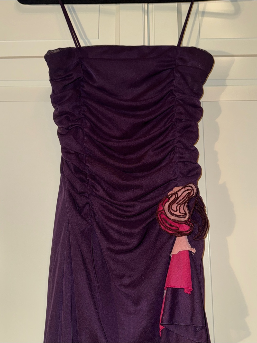 VINTAGE Purple Ruched Mesh Dress with Pink Floral Appliqués - made in USA -small